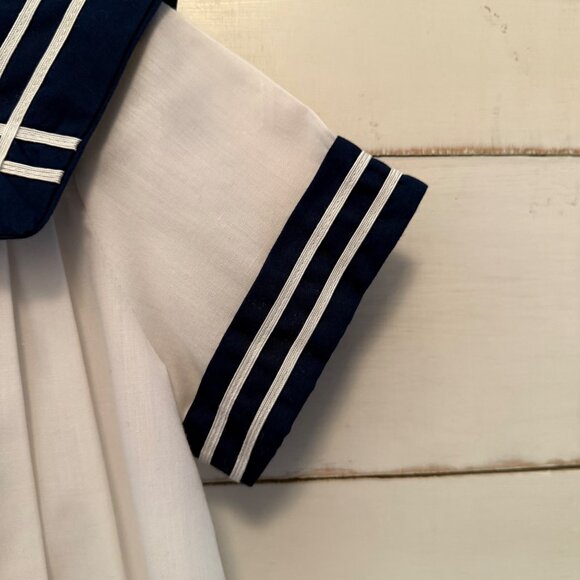 Size 6 Girls Vintage 70's Sailor Dress Ance K White Navy Collar Red Tie Pleated - Picture 3 of 10